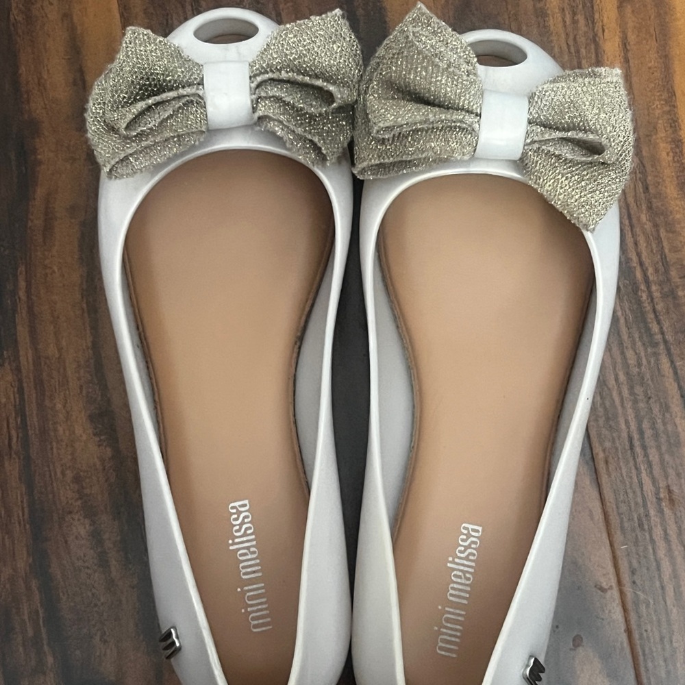 Mini Melissa White Flats with Glittering Silver Bow